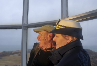 Len Butler and U.S. Coast Guard Rear Admiral Linda Fagan visit the Gay Head Lighthouse 