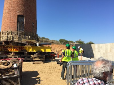 Gay Head Lighthouse positioned half-on the new foundation. May 29, 2015